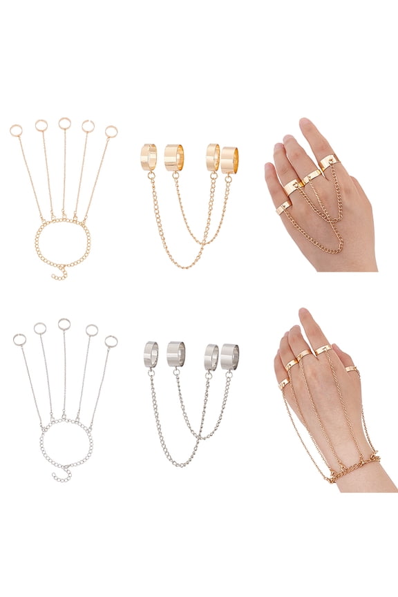 Punk Finger Ring Bracelet Vintage Gold and Silver Matching Chain Finger Rings Bracelet Gothic Punk Emo Cool Simple Rings Statement Stackable Rings