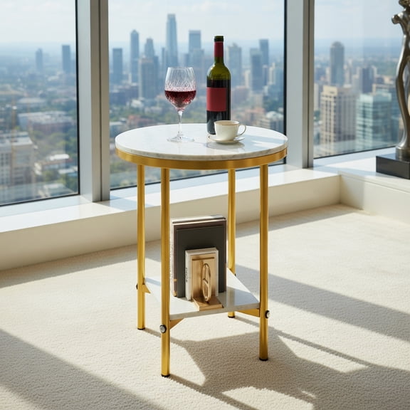 Demi Bonn 2-Tier Round Coffee Table, Faux Marble Top Golden Metal Frame Storage Shelf, White