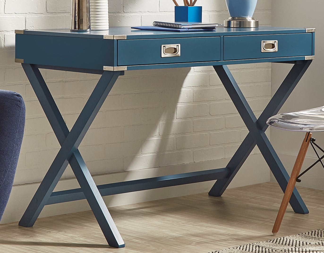 Weston Home Wood X-Base Campaign Writing Desk with Drawers, Blue Steel