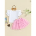 thumbnail image 5 of FEORJGP Kids Girls Summer 3 Piece Outfits 1Y 2Y 3Y 4Y 5Y Toddler White Flying Sleeve T-shirt Crew Neck Shirt Letter Print Tops Pink Tulle Skirt Headband Set Little Girl Cute Sweet Princess Clothes, 5 of 9
