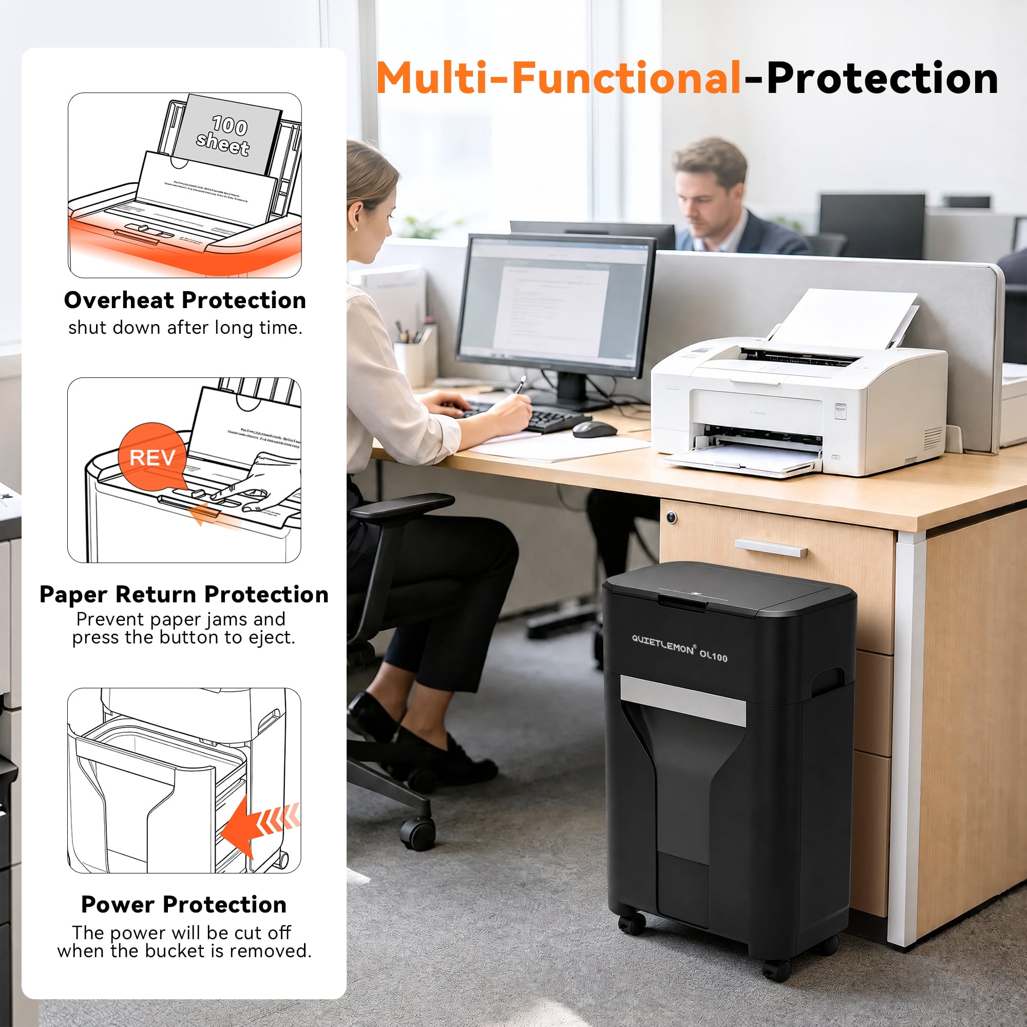 QUIETLEMON 100-Sheet Auto Feed Cross-Cut Paper Shredder Heavy Duty 8 Sheets Manual Shredders with 4.5 Gal Pullout Bin