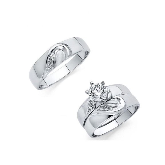 14k White Gold Round 1.25 ct CZ Wedding Band Ring Trio Set Bride & Groom