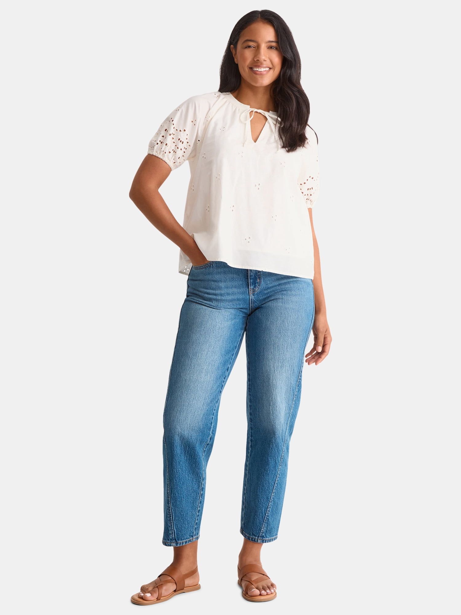 Time and Tru Women's Eyelet Top with Puff Sleeves, Sizes XS-XXXL