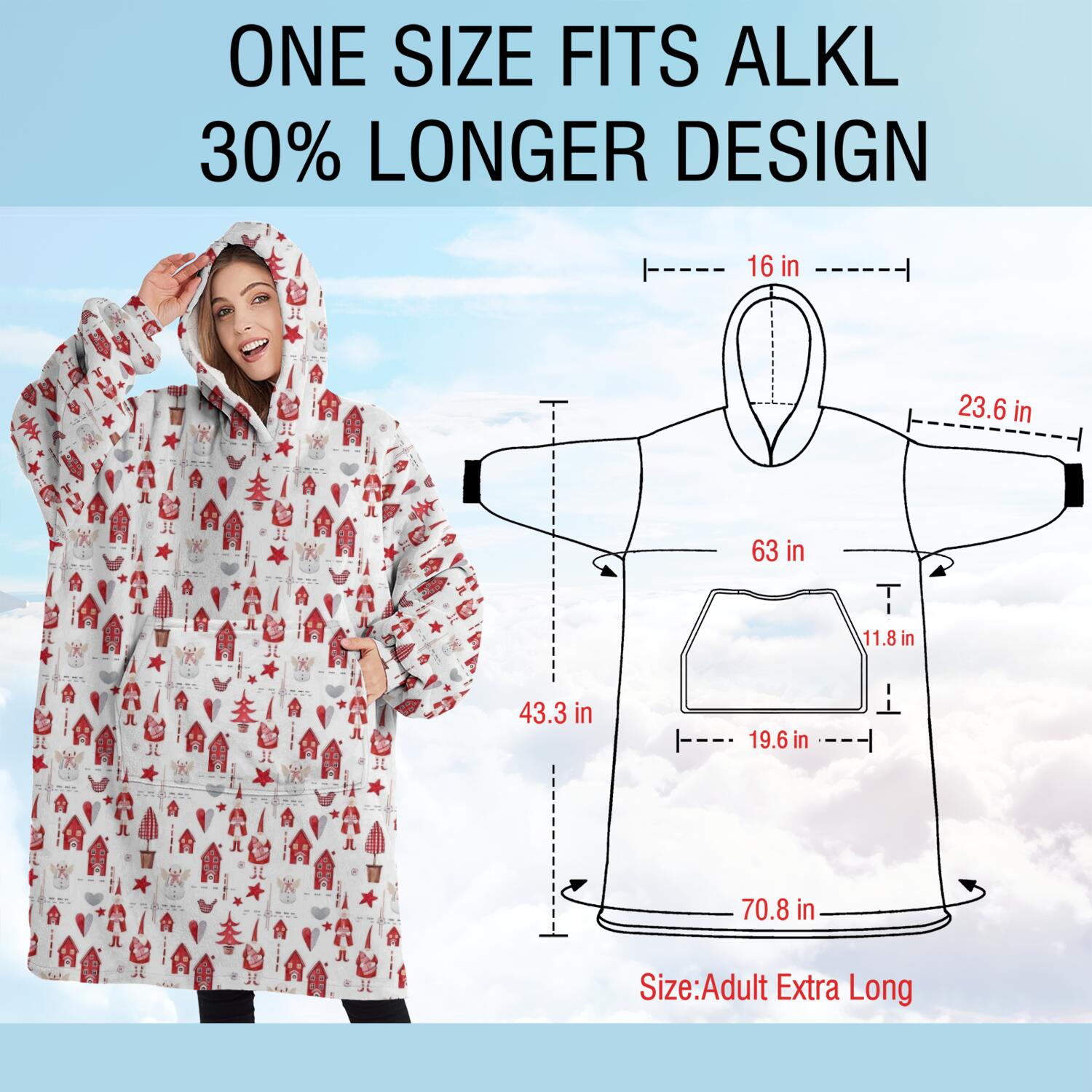 Oversized Wearable Blanket Hoodie,Red Christmas House and Tree Pattern Sherpa Blanket Hoodie with Super Pockets,Super Warm Fuzzy Pullover for Women & Men