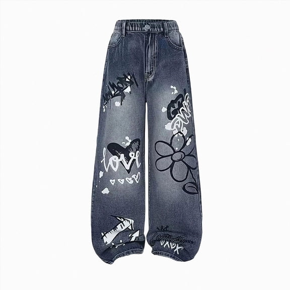 mgoYE Baggy Jeans for Girls 11-12 Years - Zipper Elastic Waist Heart Patch Wide Leg Denim Pants for Girls Blue