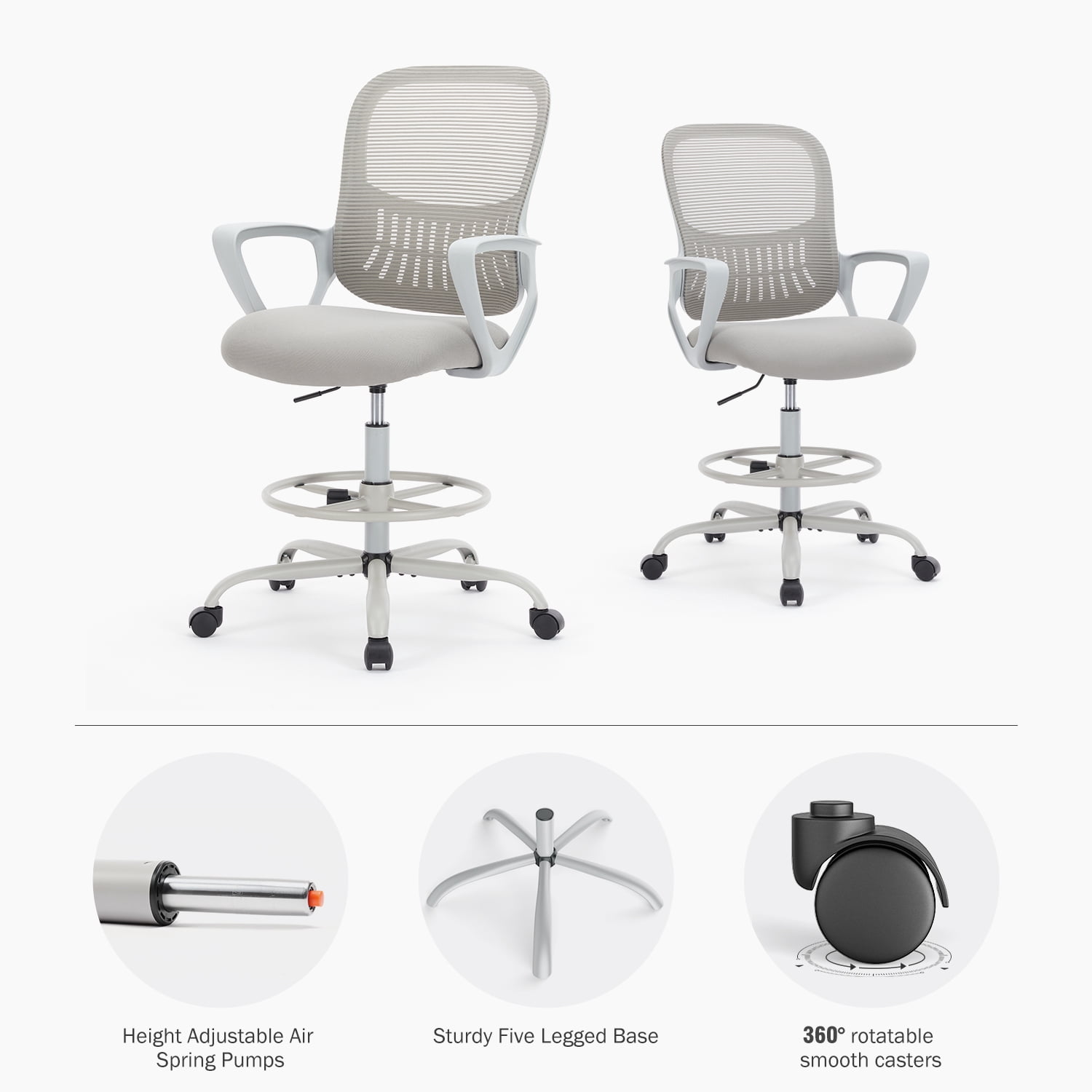 GIANNA Ergonomic Tall Mesh Office Chair with Adjustable Foot Ring, Storable Lumbar Support, Armrests, and Mid-Back Design – High Task Chair with Wheels, Gray