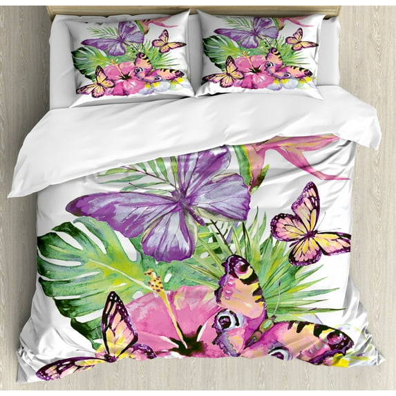 Plant Watercolor Duvet Cover Set, Colorful Spring Time Arrangement of Tropical Flowers and Butterflies, Decorative Bedding Set with Pillow Shams, Multicolor, by Ambesonne