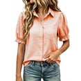 thumbnail image 6 of Admvng Women's Gingham Plaid Shirt Lapel V Neck Puff Ruffle Short Sleeve Chest Pocket Button Down Casual Blouse Tops, 6 of 6