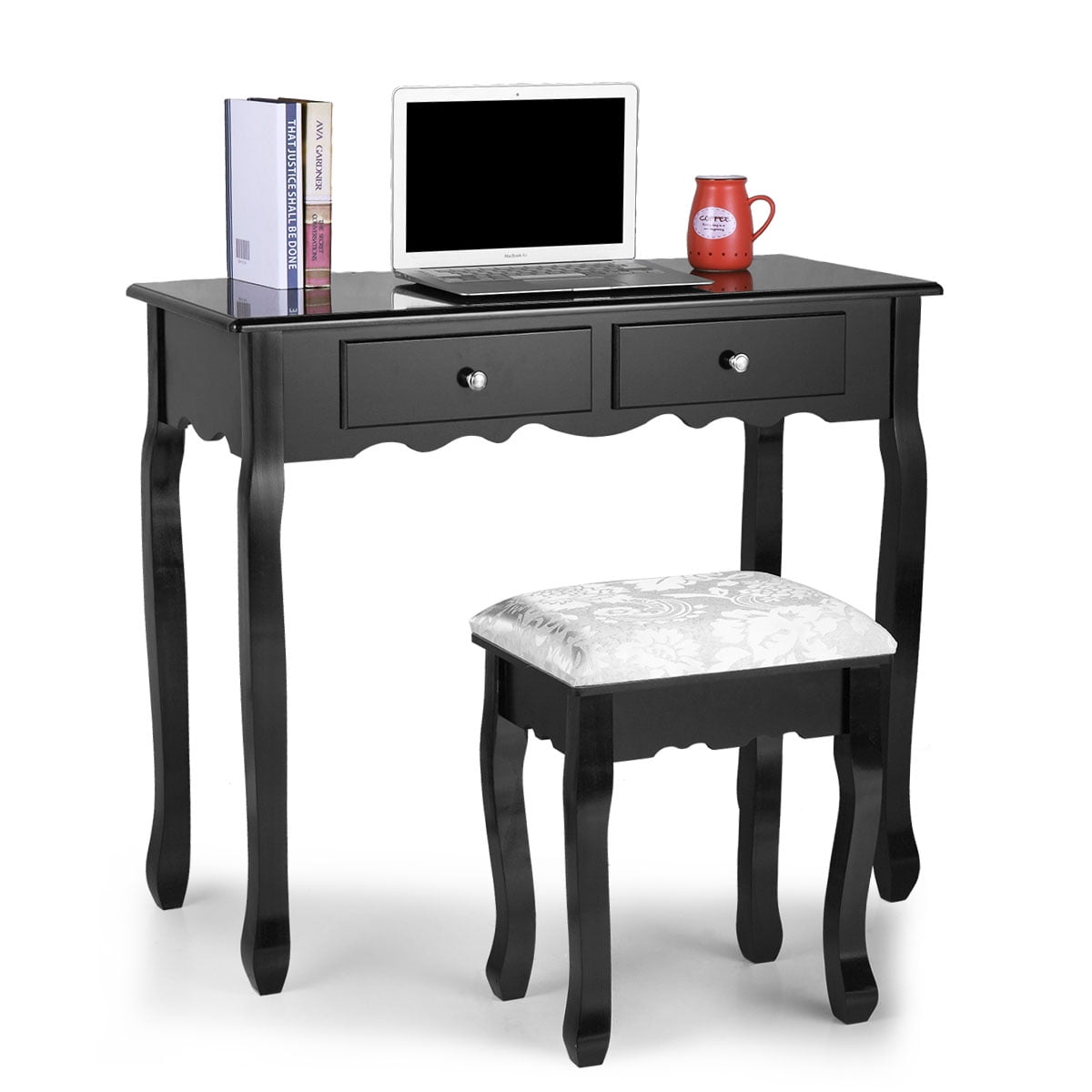 Kepooman Vintage Wooden Vanity Set, Makeup Dressing Desk with Cushioned Stool & Tri Folding Mirror - Black Kepooman Vintage Wooden Vanity Set, Makeup Dressing Desk with Cushioned Stool & Tri Folding Mirror - Black