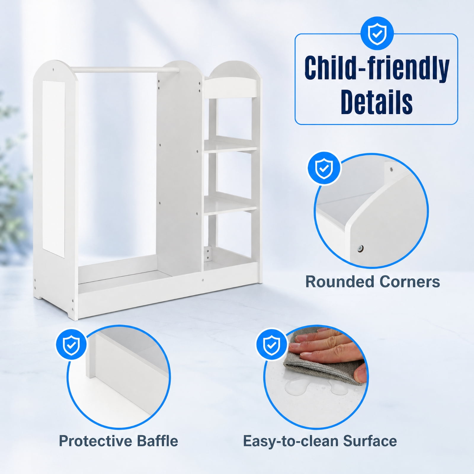 Furnibear Kids Dress Up Storage with Mirror, Costume Wardrobe Closet Organizer with Hanging Rod and Open Shelves for Kids Bedroom Playroom, White