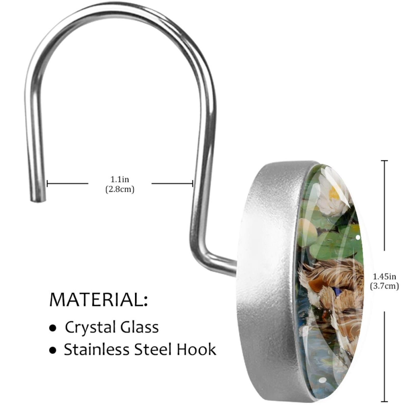 Ducks on Lotus Pond Shower Curtain Hooks Round Crystal Glass, Set of 12 Shower Curtain Rings - Shower Hooks for Curtain Shower Rings