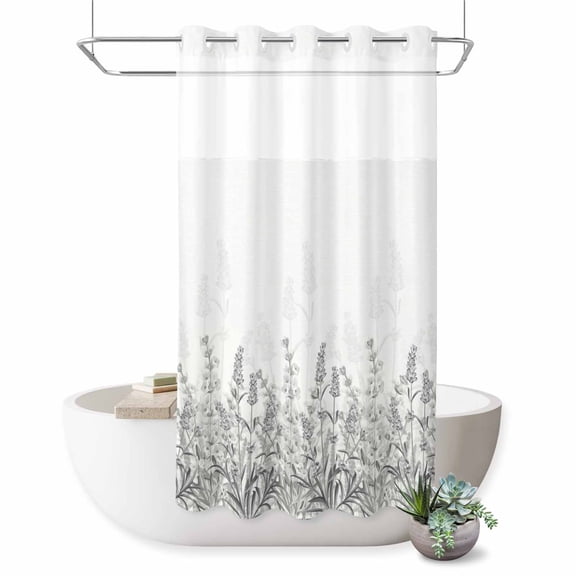 No Hook Shower Curtain, Wildflowers Shower Curtains for Bathroom with See Through Top Window, Spring Country Black Grey Floral Leaf Plant Waterproof & Washable Bath Curtain Small Stall 36"x78"