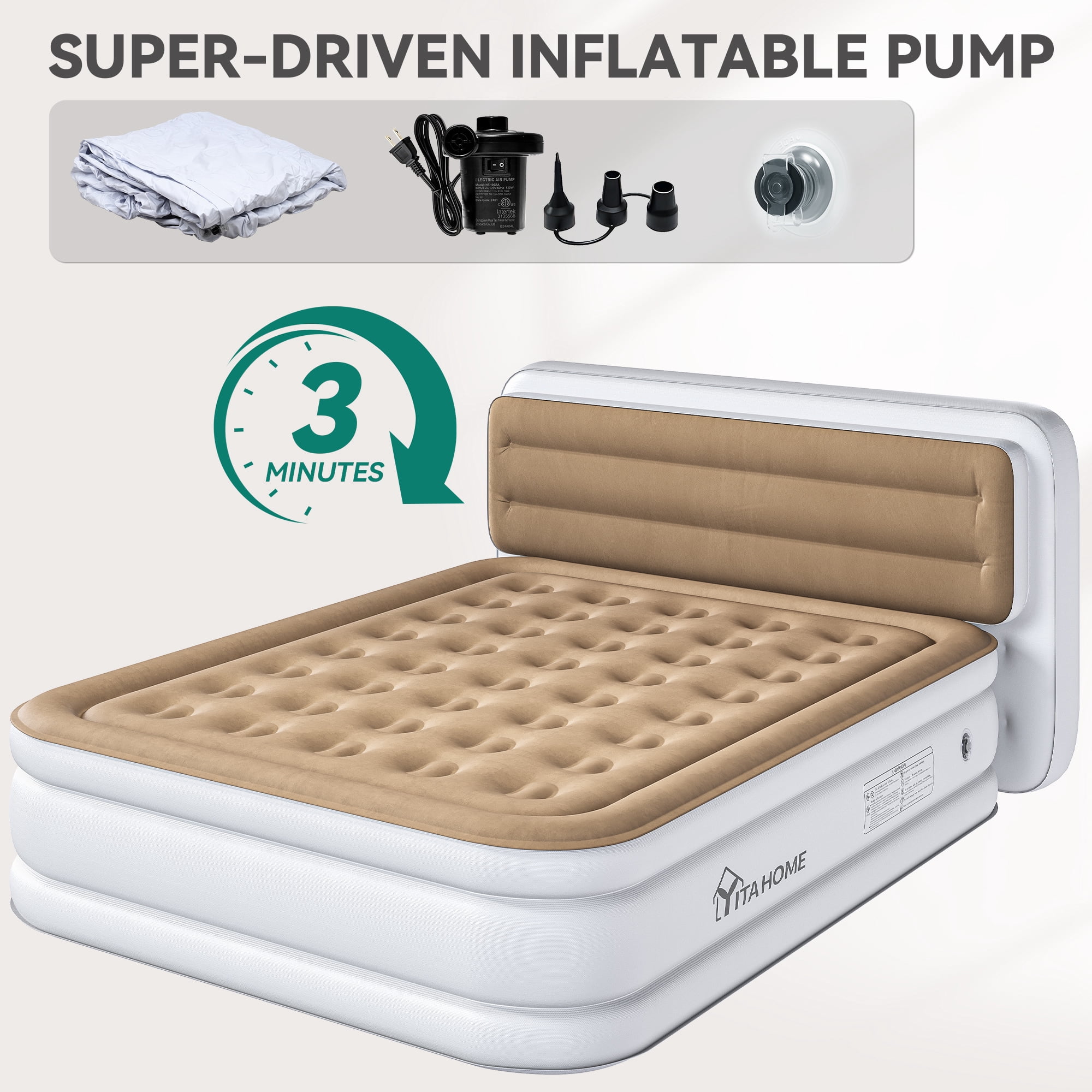 Uforic Queen Size Air Mattress with Pump and Banded Headboard, 18in Luxury Flocked Top Blow up Mattress, Durable Inflatable Mattress for Home & Guests, Khaki Air Bed