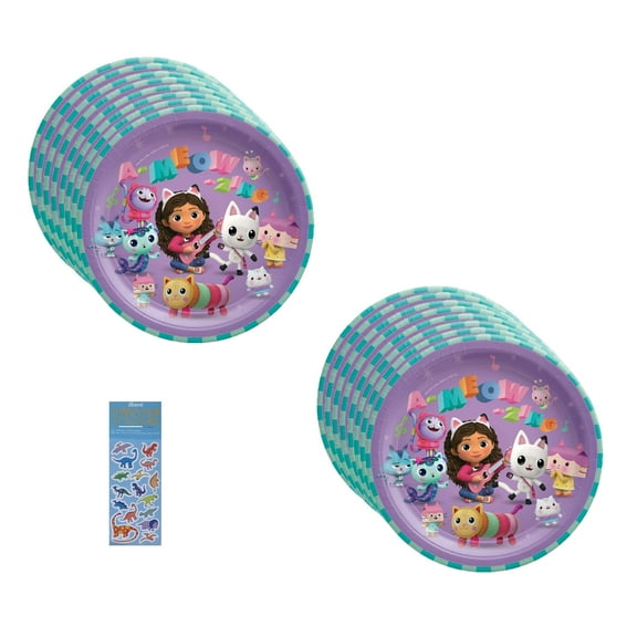 Gabbys Dollhouse Birthday Party Supplies Bundle Includes 16 Lunch Paper Plates and 1 Dinosaur Sticker Sheet