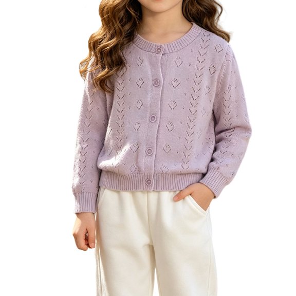 Gamivast Button Front Cardigan Sweater for Girls Long Sleeve Pointelle Knit Crewneck Casual Layering top for School Everyday Wear Purple 9-12 Months