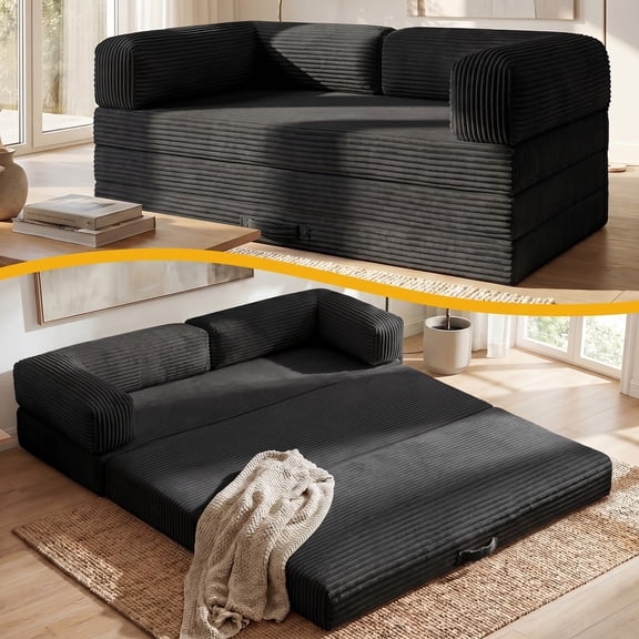 Convertible Sofa Bed Queen Size,5-in-1 Tri-Fold Boneless Couch with Removable Armrests & Handle,Corduroy Futon Sleeper Sofa,Black