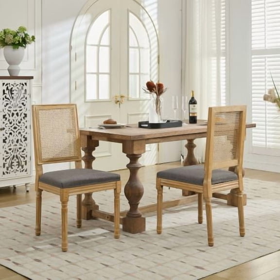 Nmkwnr Pack of 2 Upholstered Seat Dining Chair with Square Rattan Backrest and Wood Frame, Perfect for Living Room, Kitchen, Restaurant, Gray