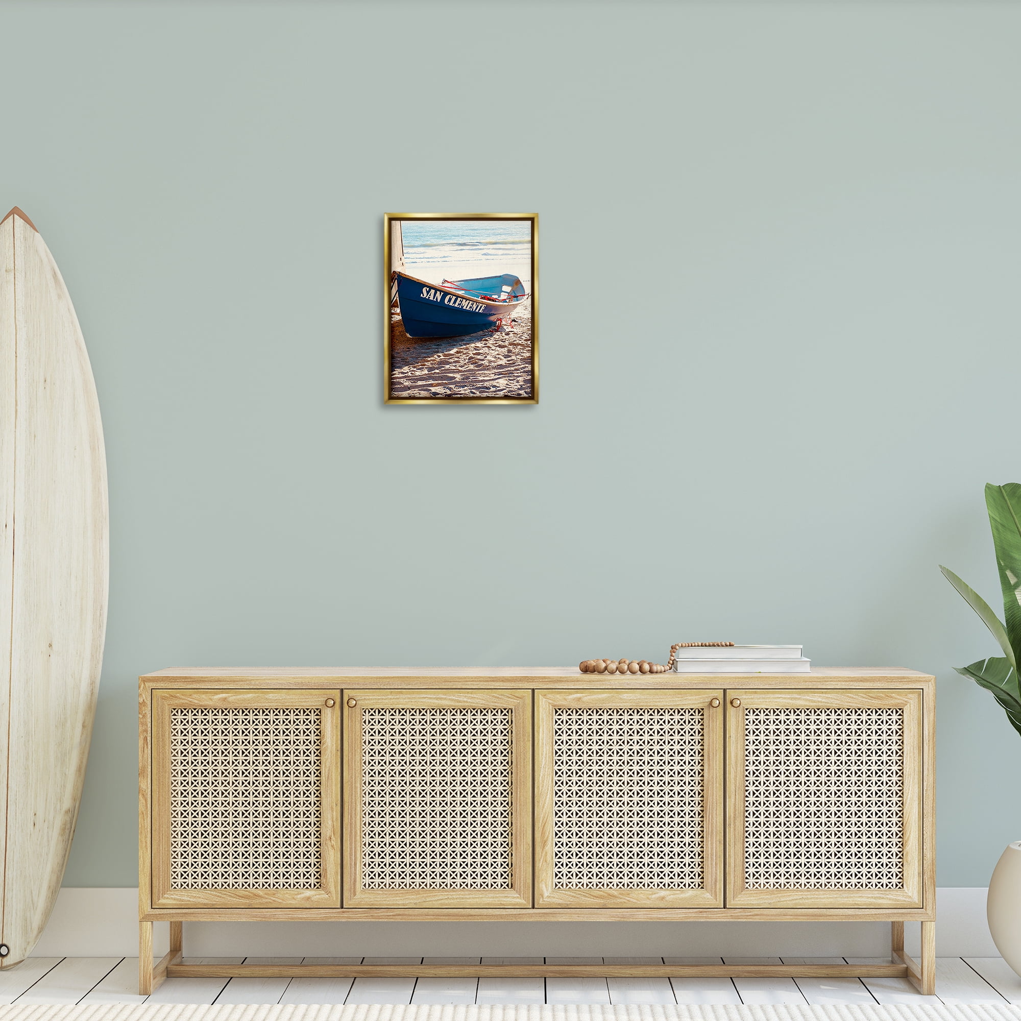 Stupell Industries Blue Boat on Sand Transportation Photography Gold Floater Framed Canvas Art Print Wall Art, 17 x 21