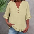 thumbnail image 2 of RMGVDSD Womens Summer Tops 3/4 Sleeve V Neck Button Down Shirts Ruffled Hem Solid Color Casual Basic Shirt Everyday Comfort Tees Versatile Shirt Top, 2 of 7