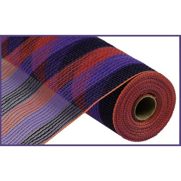 Faux Jute & Small Stripe Deco Mesh, 10.5 Inch x 10 Yards (Purple, Orange, Black)