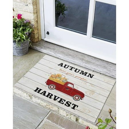 

Indoor Outdoor Mats Thanksgiving Red Truck with Pumpkins on Wood Grain Door Mat Non-Slip Absorbent Resist Dirt Entrance Mat Washable Welcome Mats for Entryway Low-Profile Floor Mats