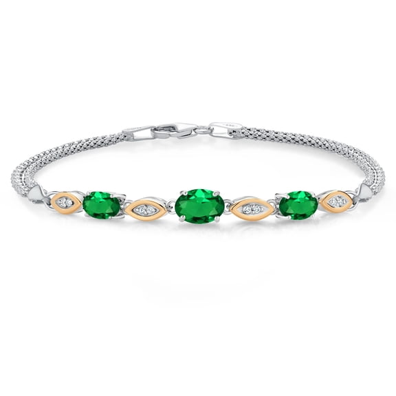 Gem Stone King 925 Silver and 10K Yellow Gold Green Nano Emerald and White Lab Grown Diamond Bracelet for Women (1.46 Cttw, Gemstone May Birthstone, Oval, Wheat Chain, 7.5 inches)