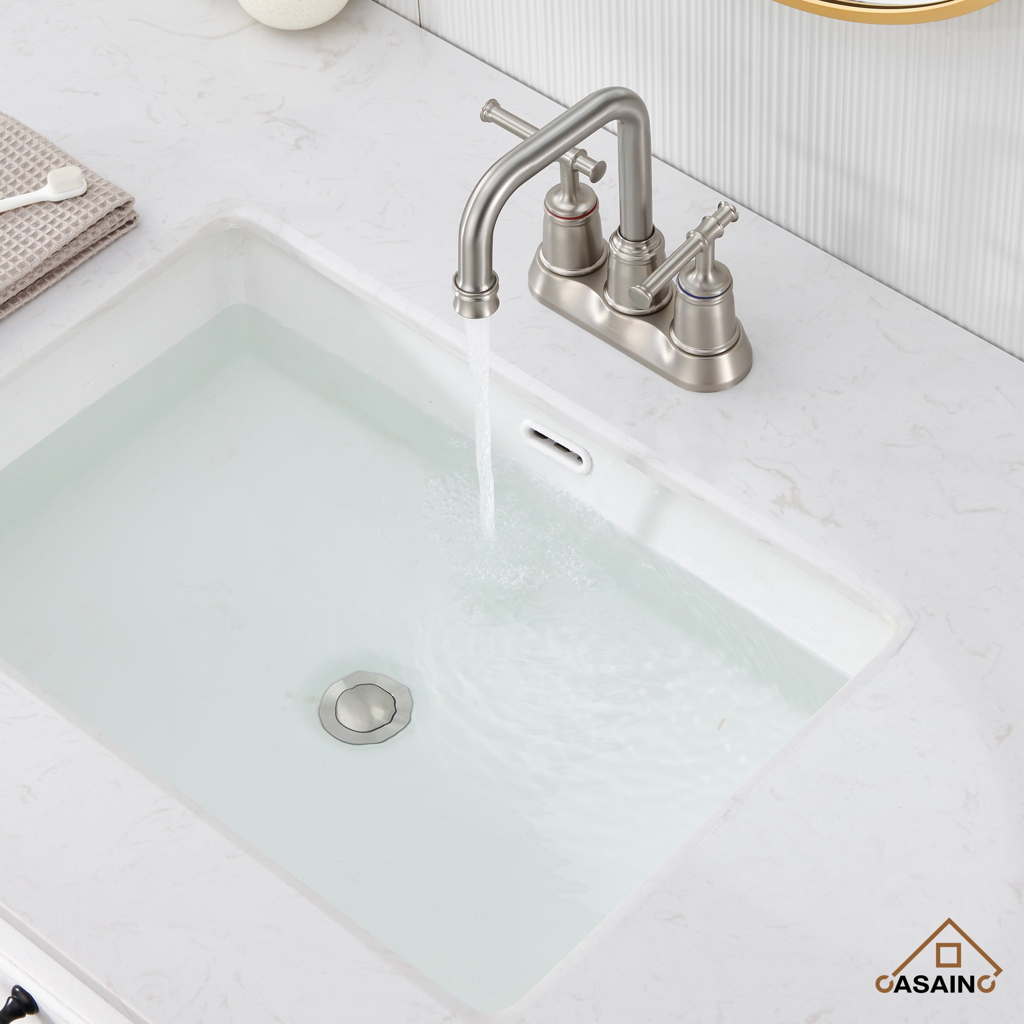 CASAINC Double Handle 2-Hole Centerset Bathroom Sink Faucet Pop Up Drain, Brushed Nickel