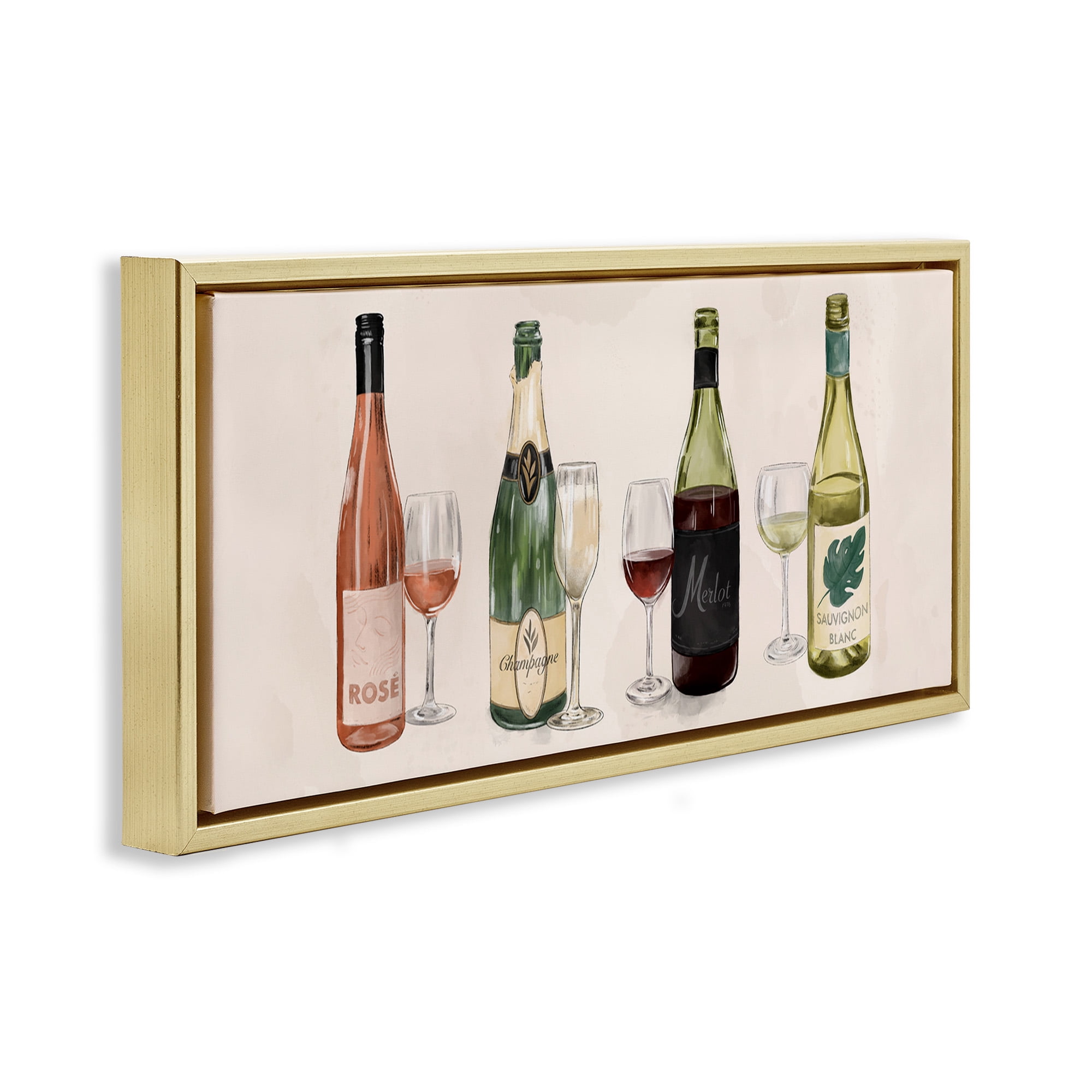 Stupell Industries Various Wine & Champagne Bottles Food & Beverage Painting Gold Floater Framed Canvas Art Print Wall Art, 25 x 11
