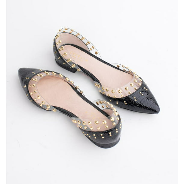 Cecelia New York Min Ballet Flats Clear Chic Pointy Studded Shoe Black ...