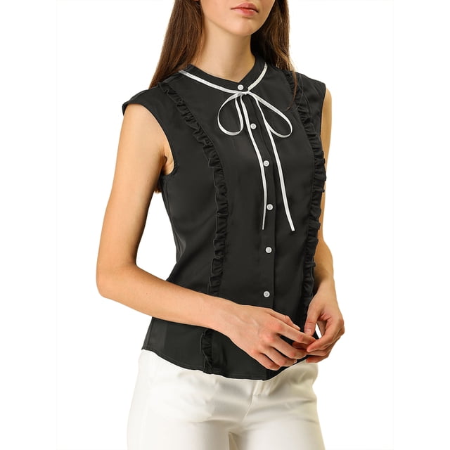 INSPIRE CHIC Women's Tie Neck Cap Sleeve Button Down Ruffle Summer Shirts XS Black