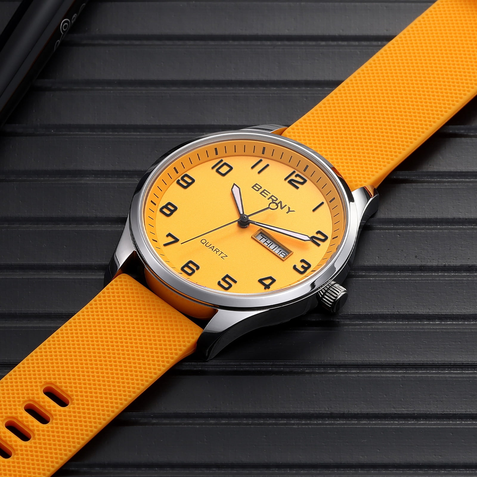 BERNY Modern Quartz Watch for Men Casual Easy Read Wristwatch with Arabic Numeral Watch Dial, Silicone Strap and Day & Date Calendar-Orange Dial