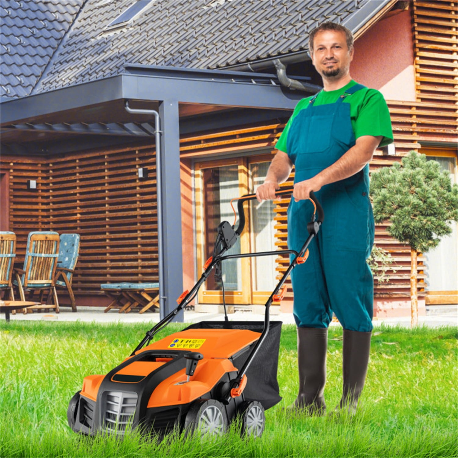 Corded Electric Lawn Dethatcher with 16-Inch Cutting Width, Wear-Resistant Wheels & Large Removable Grass Bag for Home Lawn - Orange