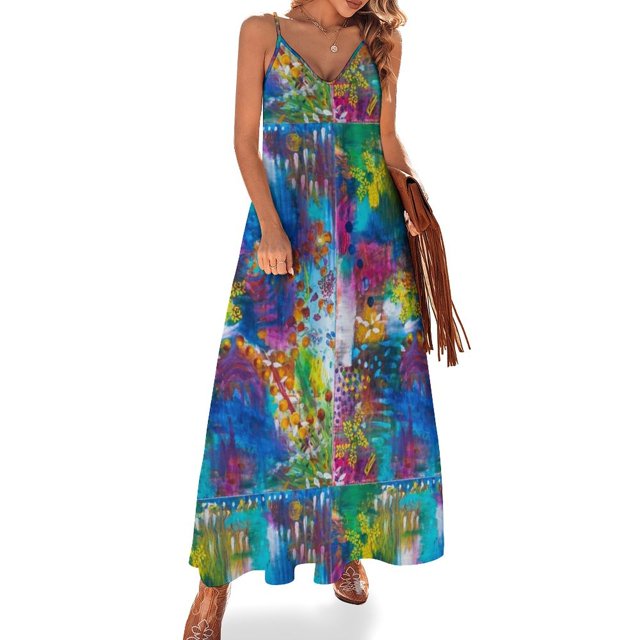 Vestido sin mangas con estampado floral abstracto colorido de primavera, vestido de noche para mujer, vestido elegante de verano para mujer 2024