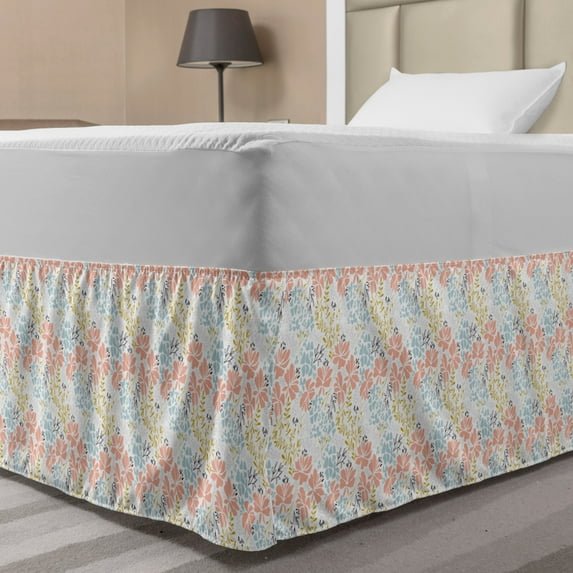 Botanical Bed Skirt, Floral Pattern with Simple Abstract Flowers and Leaves in Soft Tones, Elastic Bedskirt Dust Ruffle Wrap Around for Bedding Decor, 4 Sizes, Multicolor, by Ambesonne