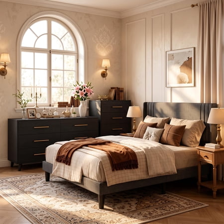 Bedroom Furniture Sets Asofer Black Room Set Includes Queen Bed Frame 5-Drawer Dresser & 6-Drawer Dresser