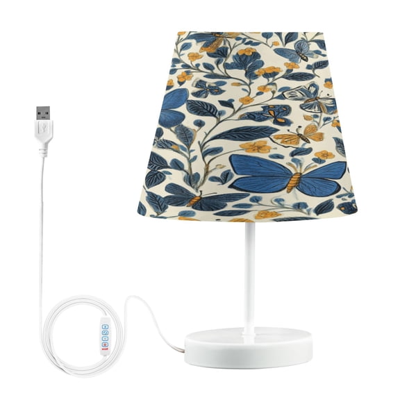 WOBOGO Blue Butterflies Pattern Table Lamps Bedroom 3-Speed Dimmable Farm Style with Fabric Shade for Reading and Home Office