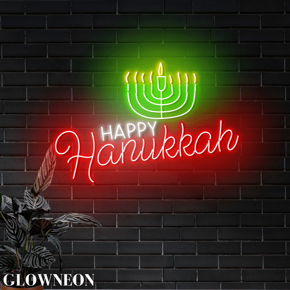 Glowneon Happy Hanukkah Neon Wall Decor, Jewish Hanukkah Menorah Sign