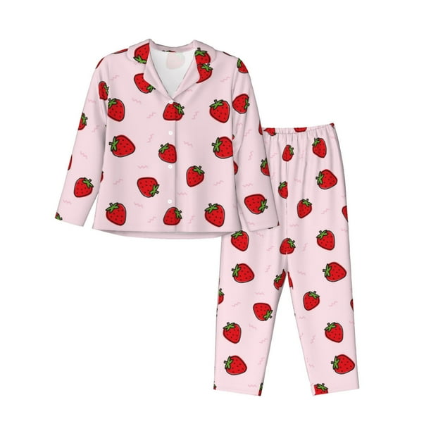 Balery Strawberry Conjunto de Pijama con Estampado para Mujer, Conjunto de Dos Piezas con Manga Larga, Ropa de Dormir Suave con Bolsillos, Pijamas Cómodos-Medium