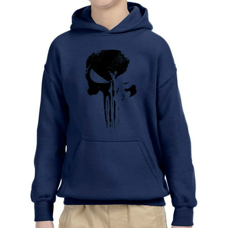 Trendy USA 1153 - Youth Hoodie Daredevil Punisher Skull Blackout Logo Unisex Pullover Sweatshirt Medium Navy