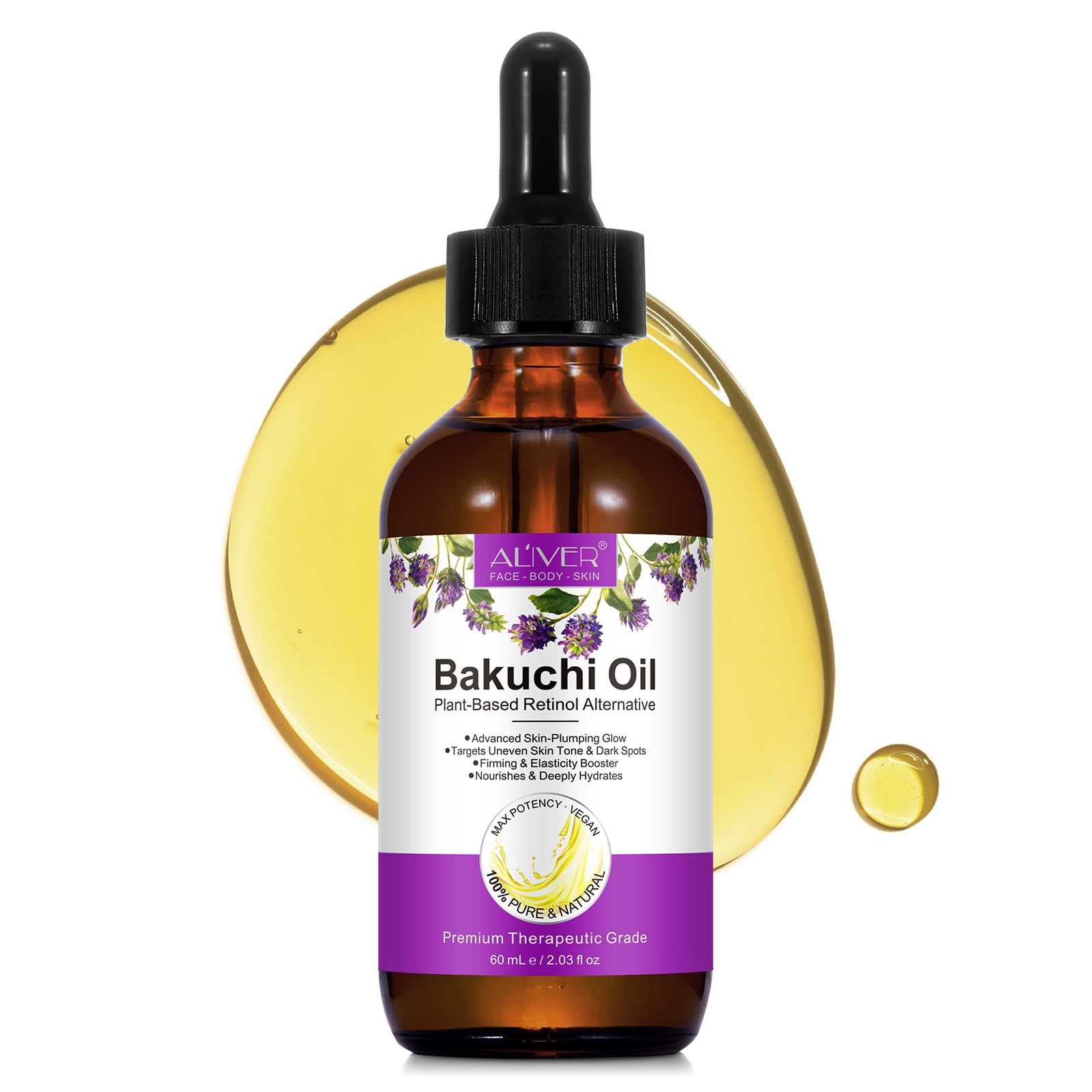 Bakuchiol Oil Face Serum, Retinol Alternative Facial Oil with Rosehip Oil, Jojoba Oil & Sea Buckthorn Oil for Dry, Dull-Looking Skin, 60 mL