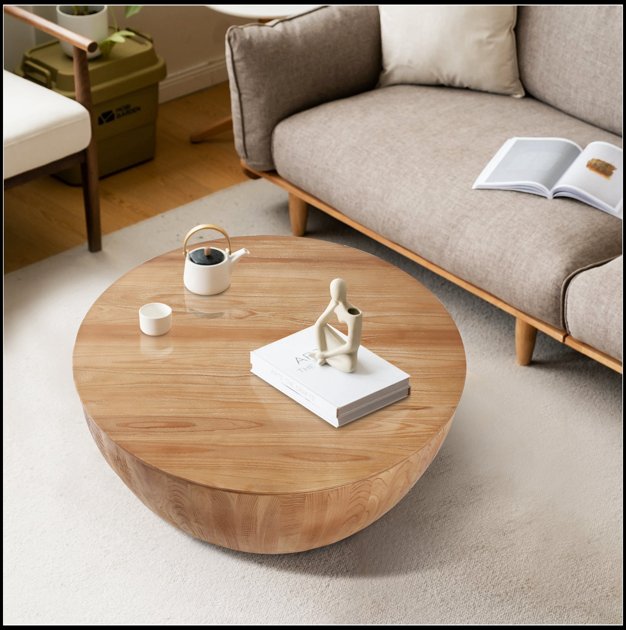 35.43"Vintage Style Bucket Shaped Coffee Table for Office, Dining Room and Living Room,Natural