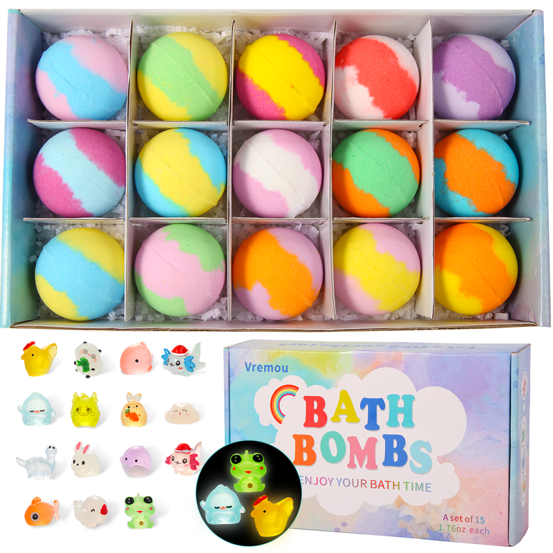 Vremou Bath Bombs for Kids, 15pcs Kids Bubble Bath with Glow in The Dark Surprise Toys Inside, Natural and Colorful Fizz Shower Bomb for Kids