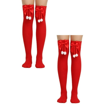 

WANYNG Christmas Bow Hairball Thigh High Long Stockings Over Knee Socks Christmas Party Socks Knee High Long Striped Stocking Socks Womens Knee High *2PCS