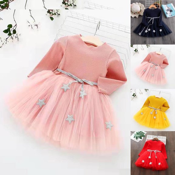HVOBTTY Toddler's Casual A-Line Dresses, Spring Dresses for Kid Girls' Comfortable Solid Color Long Sleeve Round Neck Puff Hem Stylish Bow Versatile Daily Wear Dresses Navy, 5-6 Years