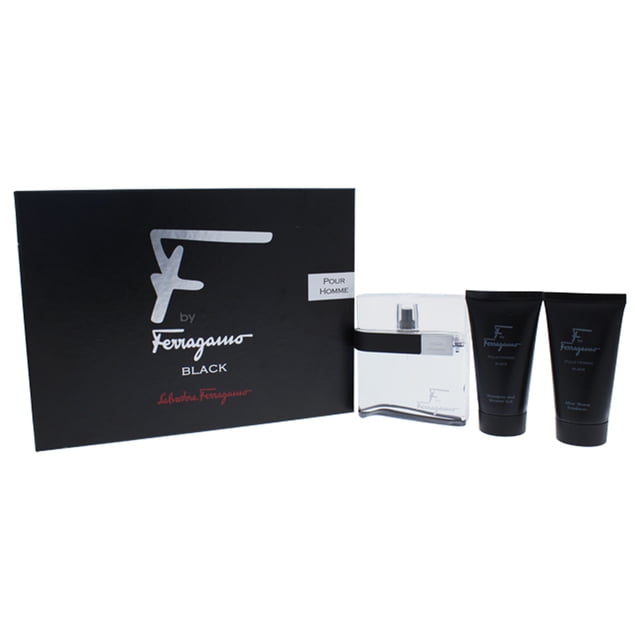 Black de Salvatore Ferragamo para hombres - Set de regalo de 3 piezas en spray EDT de 3,4 oz, champú y gel de ducha de 2,5 oz, emulsión para después del afeitado de 2,5 oz
