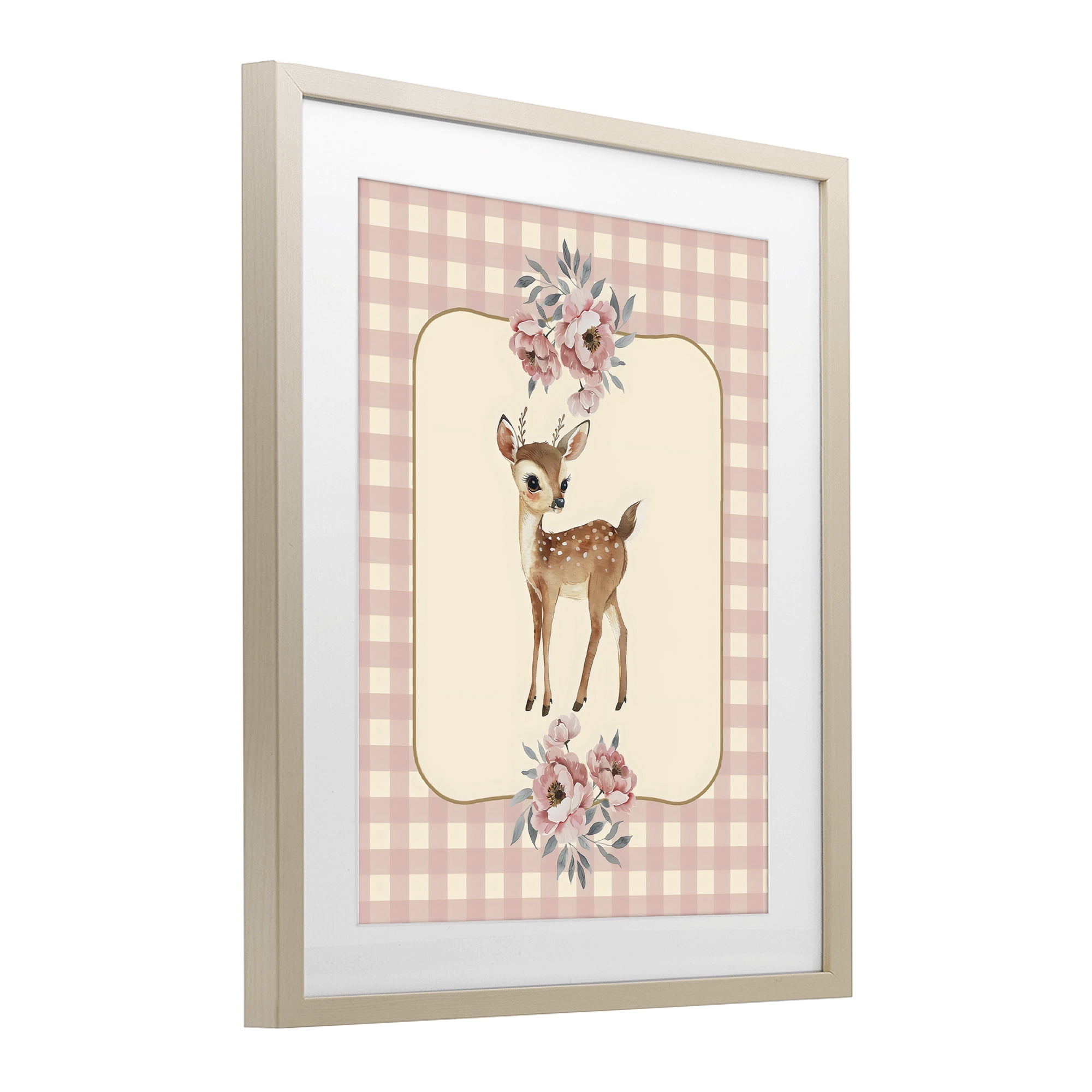 Stupell Industries Baby Deer Pink Gingham Birch Framed Print Under Glass, design by LSR Design Studio