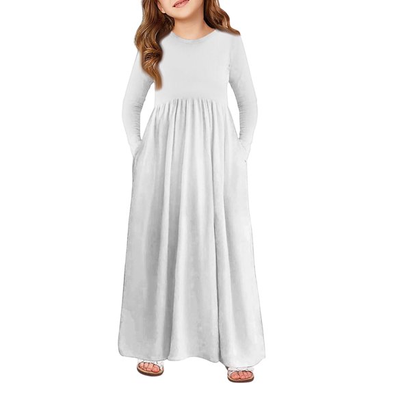 LTTVQM Dresses Toddlers Girls Size 12-13 Fall Solid Color Sundress Vacation Long Sleeve A-Line Dress Holiday Crew Neck Maxi Dresses with Pocket White 12-13