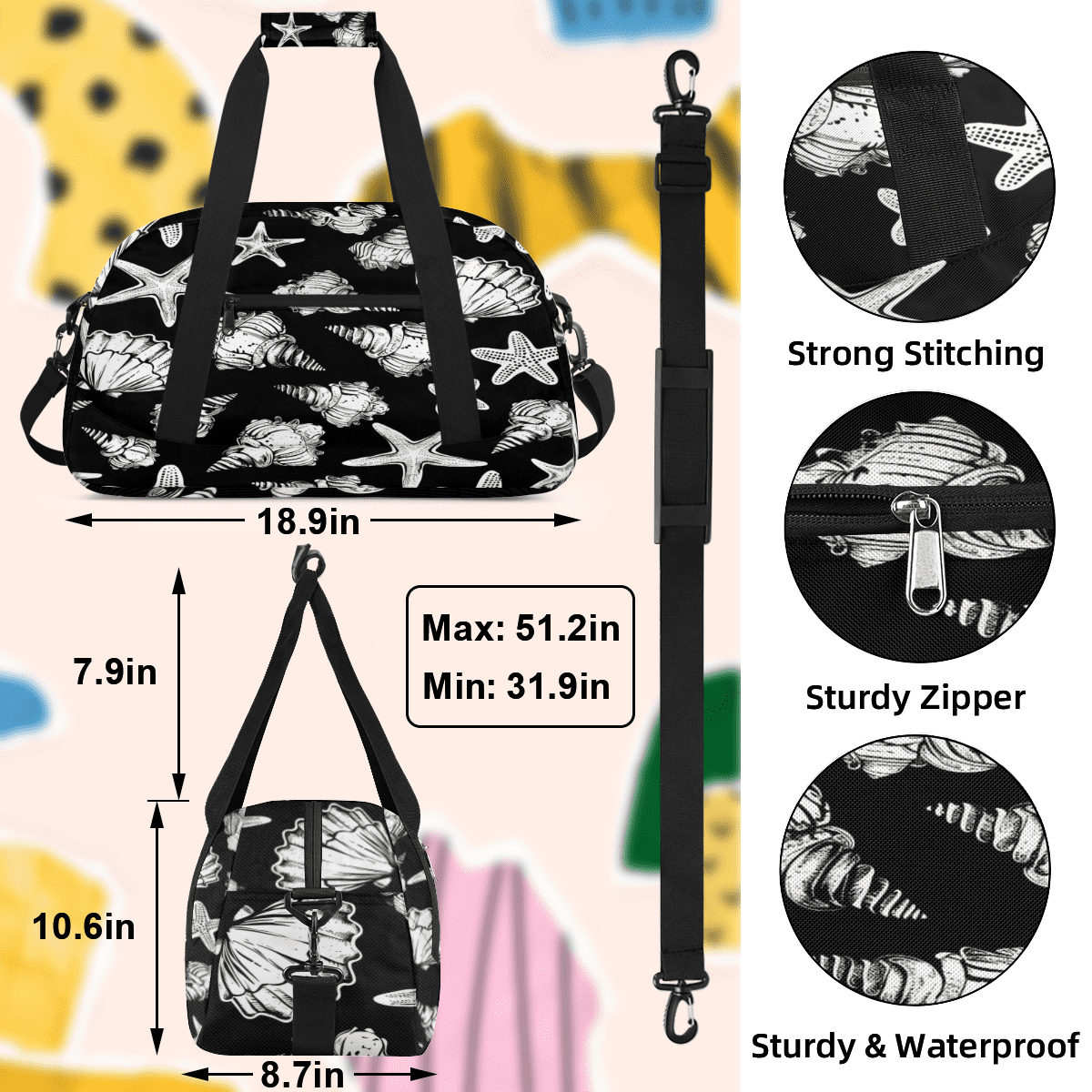 Herdesigns Seashell Starfish Sports Duffle Bag for Women & Men, Gym Bag Dance Bag Overnight Bag Carry On Weekender Travel Bag