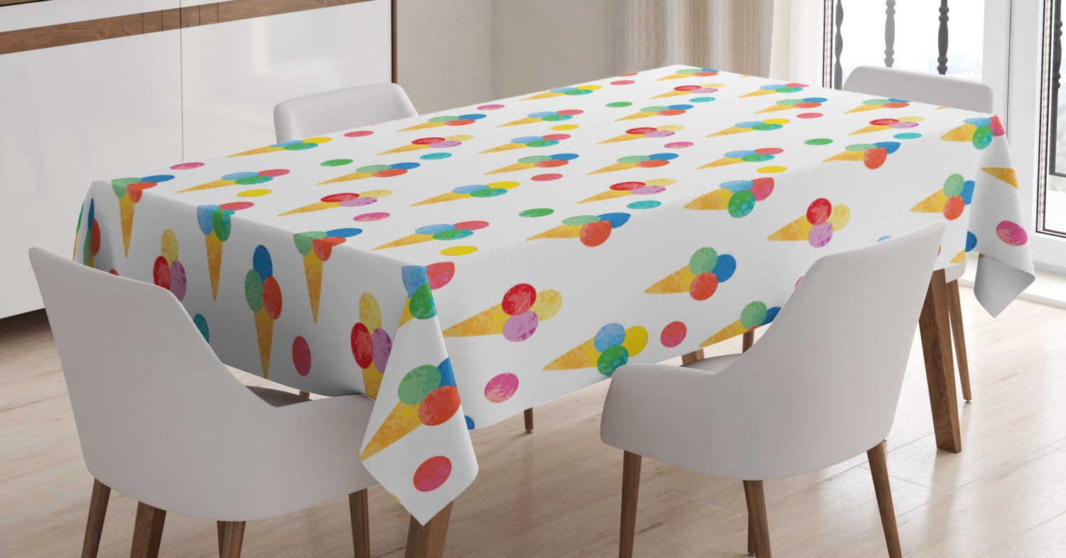 Ice Cream Tablecloth, Yummy Refreshments of Summertime Triple Scoops on