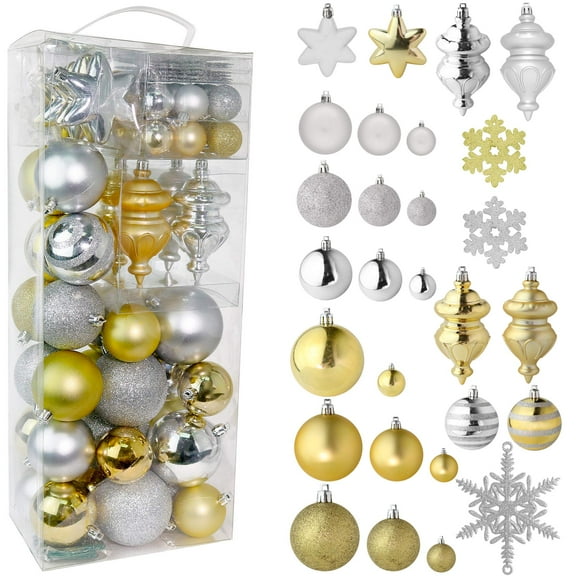RN'D Christmas Snowflake Ball Ornaments - Christmas Hanging Snowflake and Ball Ornament Assortment Set with Hooks (Gold & Silver)